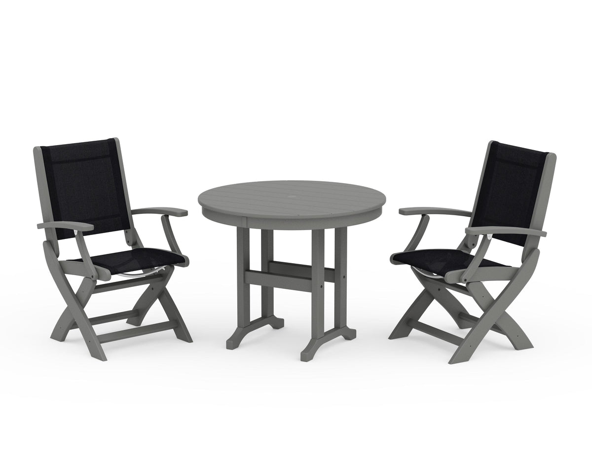 POLYWOOD Coastal Folding Chair 3-Piece Round Dining Set in Slate Grey / Black