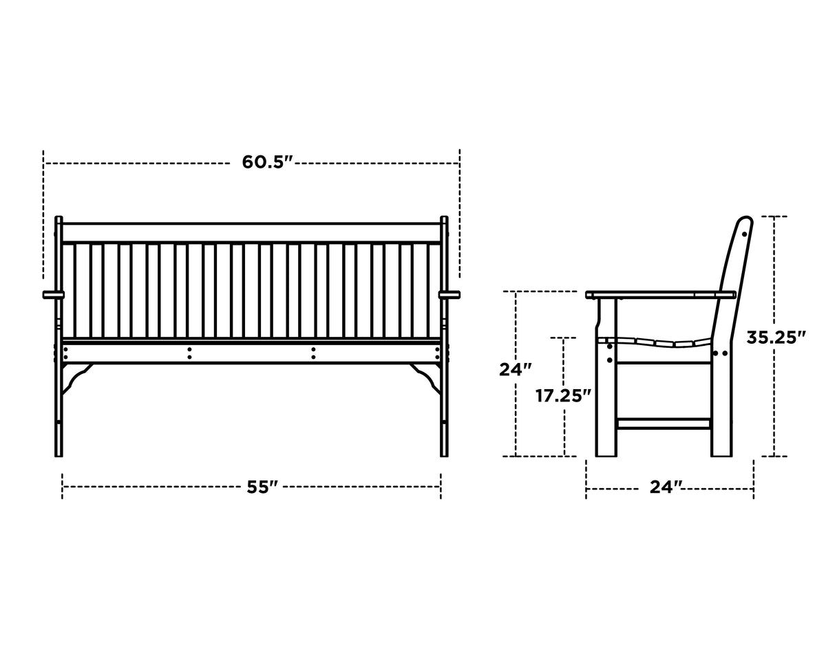 POLYWOOD Vineyard 60" Bench dimension drawing with width, depth and height measurements