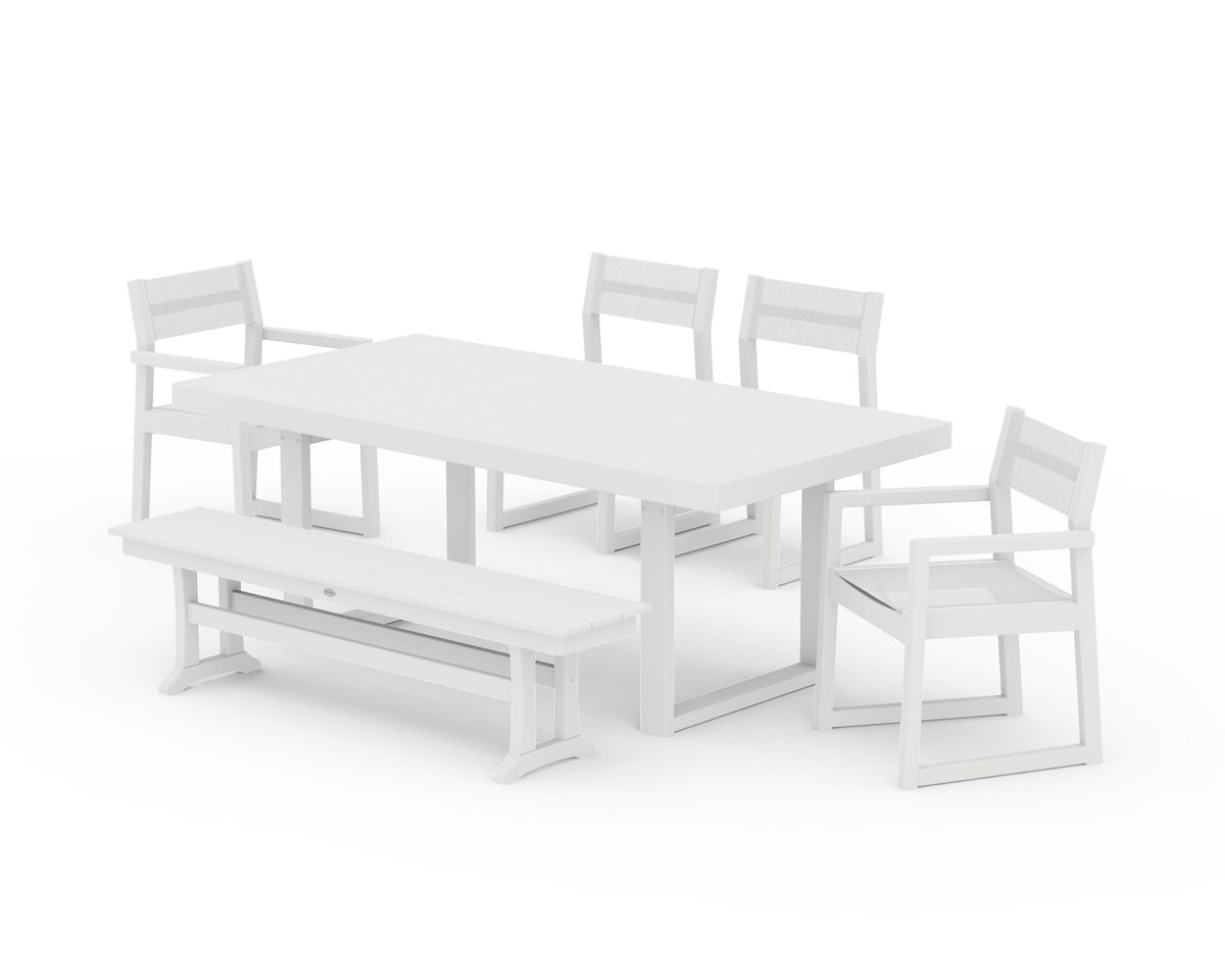 POLYWOOD EDGE Sling 6-Piece Dining Set with Bench in White / White