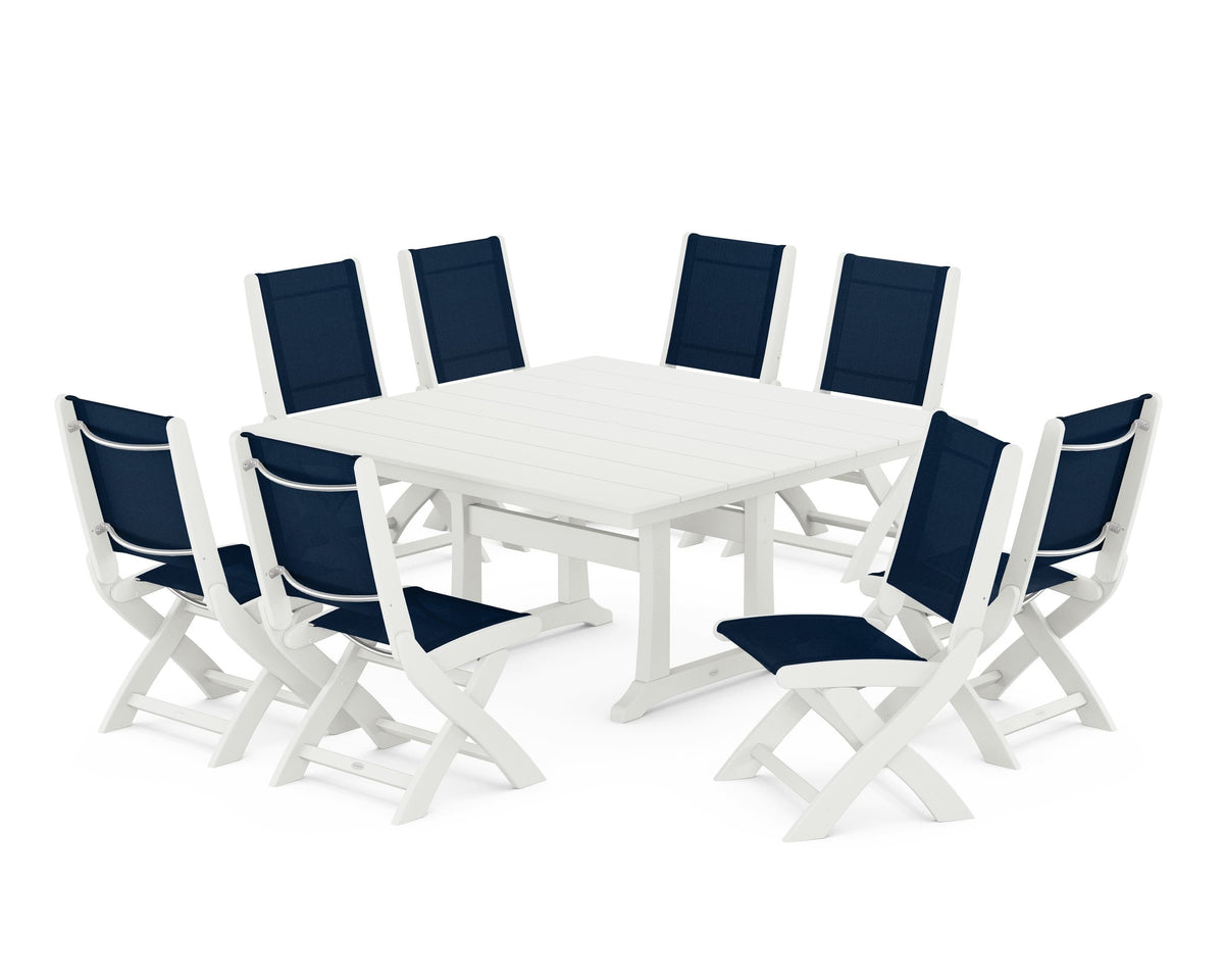 POLYWOOD Coastal Folding Side Chair 9-Piece Farmhouse Dining Set in Vintage White / Navy Blue