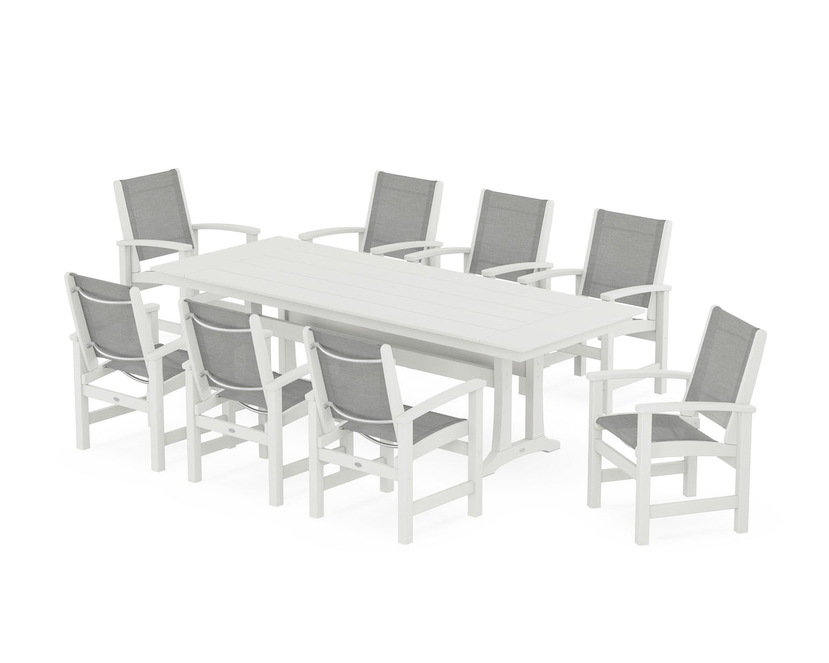 POLYWOOD Coastal 9-Piece Farmhouse Dining Set with Trestle Legs in Vintage White / Metallic
