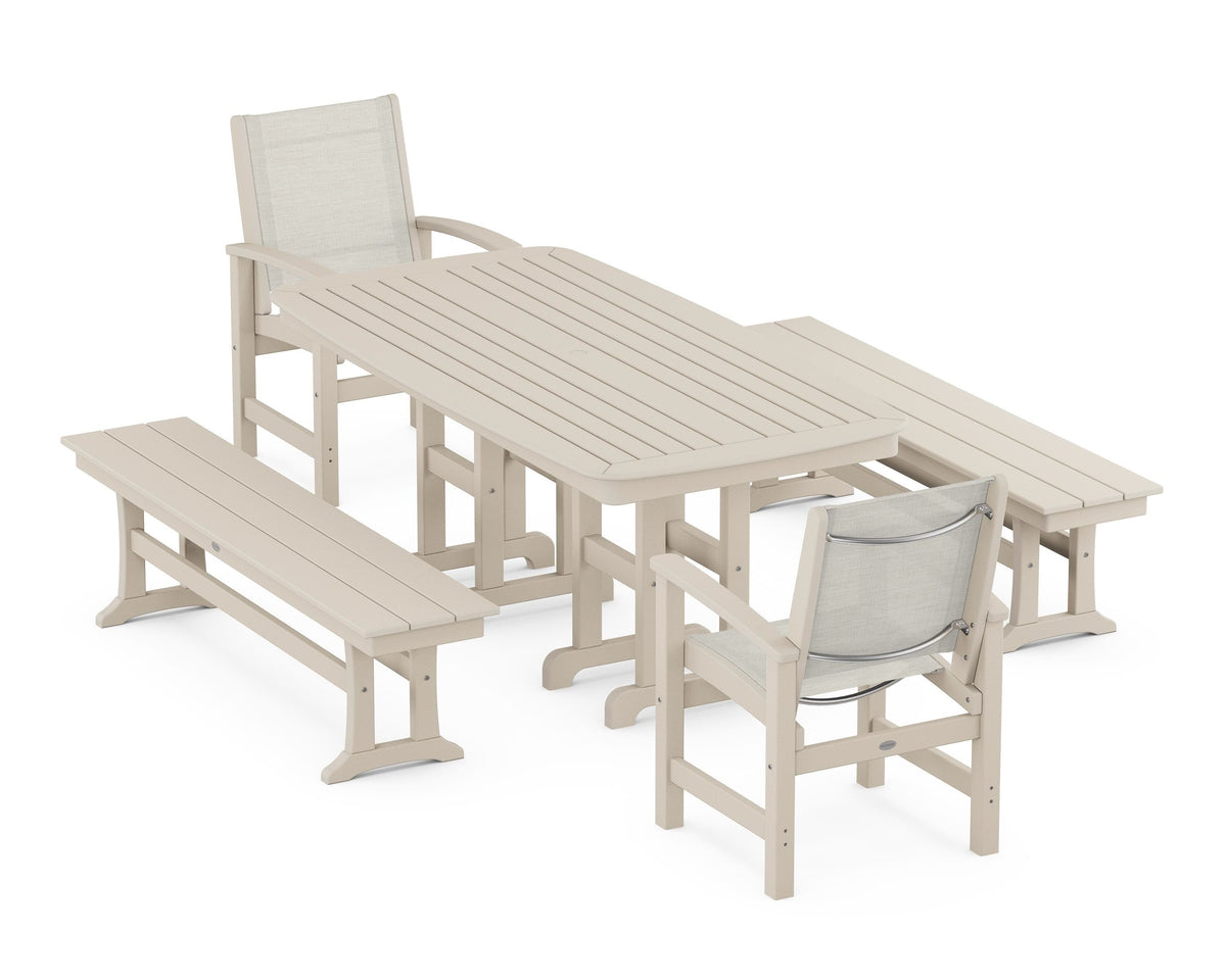 POLYWOOD Coastal 5-Piece Dining Set with Nautical 37" x 72" Dining Table in Sand / Parchment