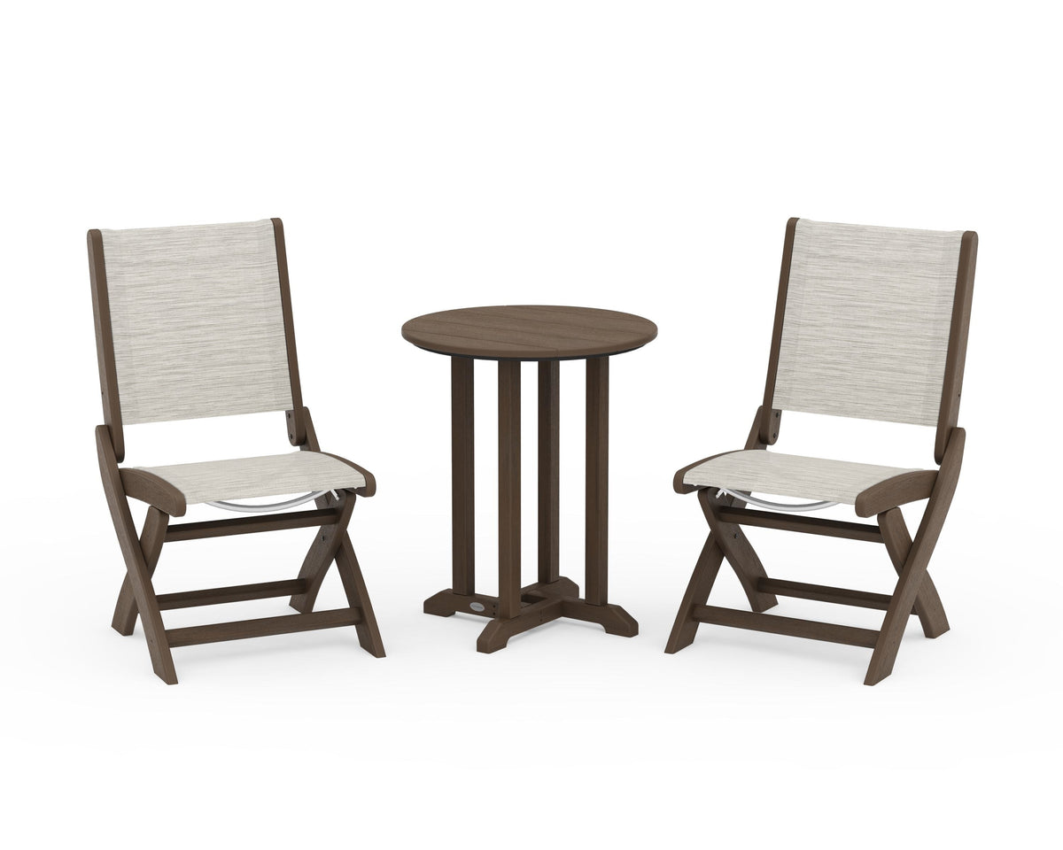 POLYWOOD Coastal Folding Side Chair 3-Piece Round Bistro Dining Set in Kona / Birch
