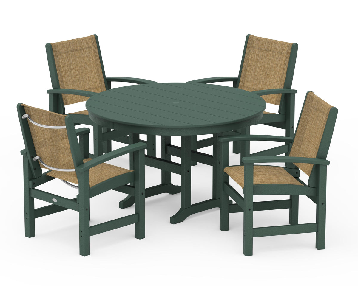 POLYWOOD Coastal 5-Piece Round Farmhouse Dining Set in Green / Burlap