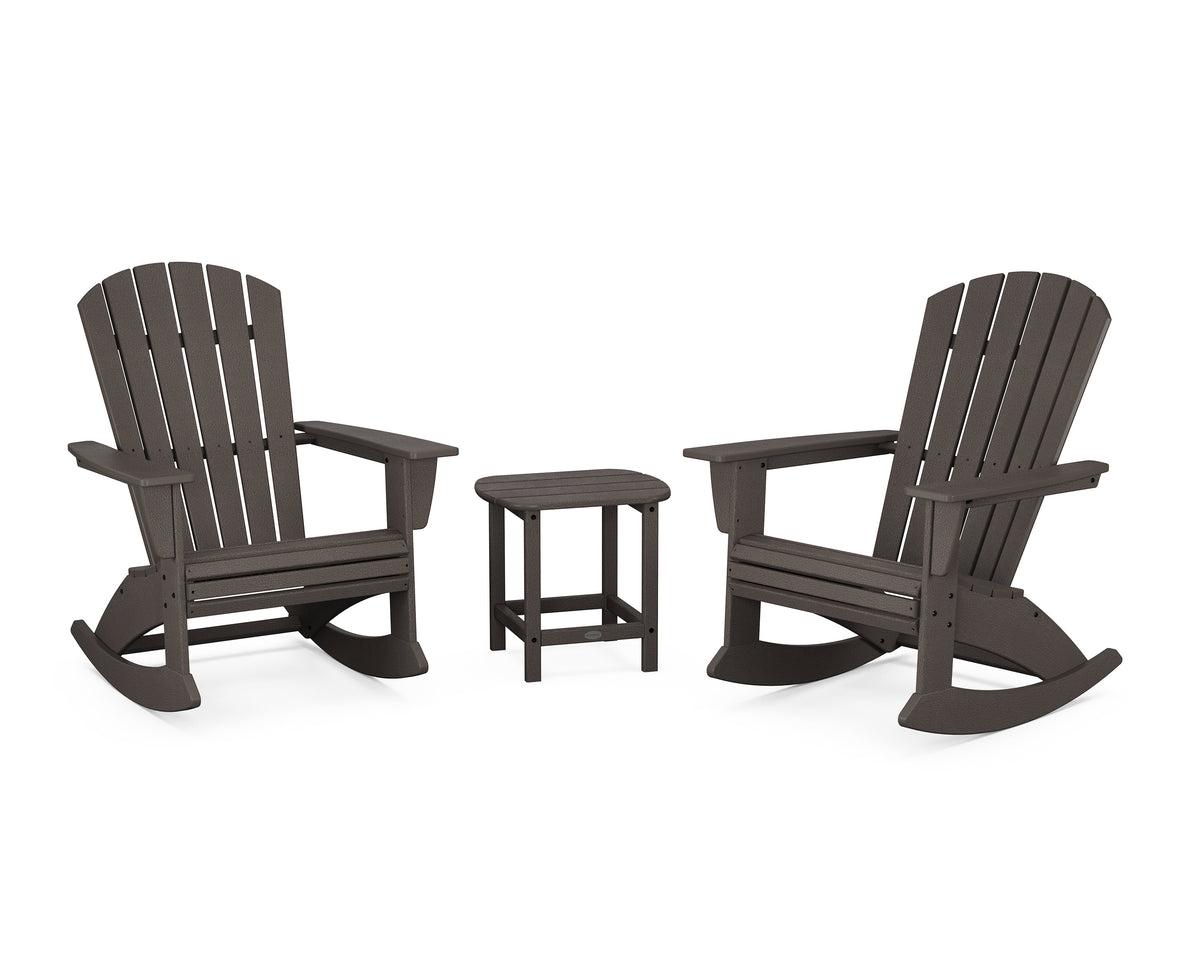 POLYWOOD Nautical Curveback 3-Piece Adirondack Rocking Chair Set in Vintage Coffee