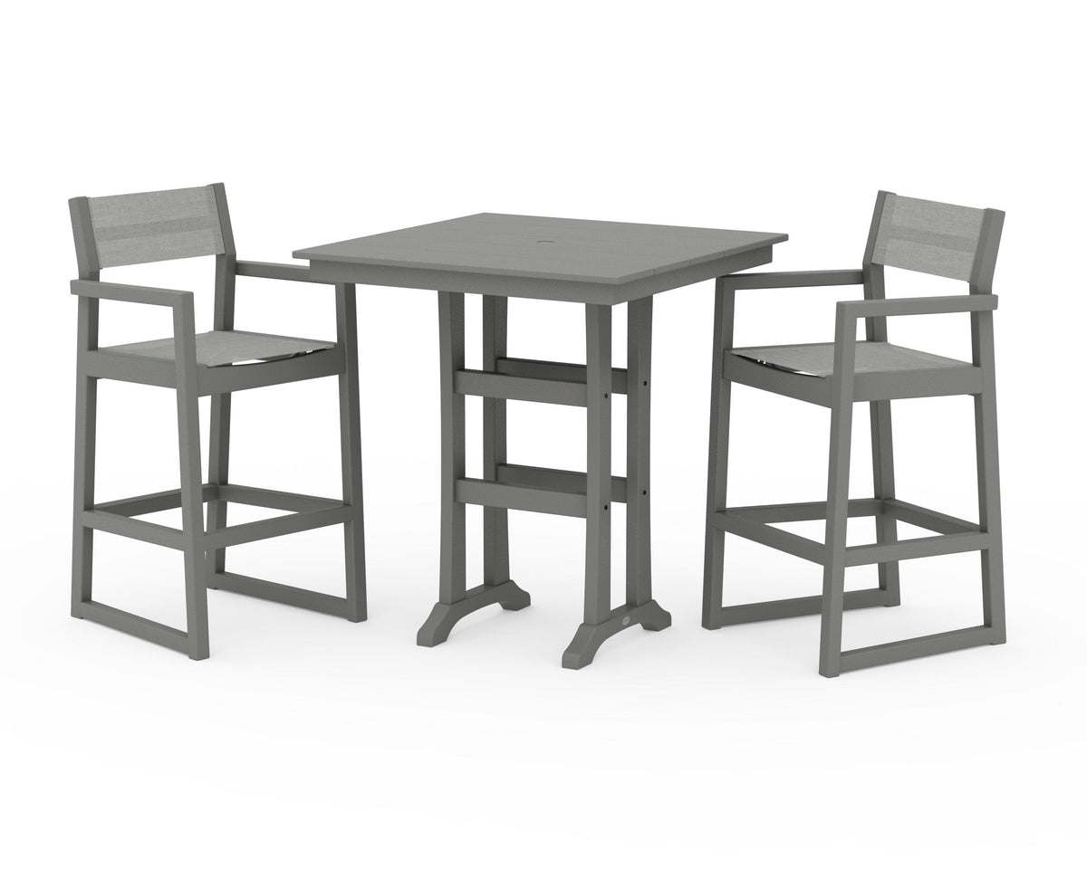 POLYWOOD EDGE Sling Arm Chair 3-Piece Farmhouse Bar Set with Trestle Legs in Slate Grey / Metallic
