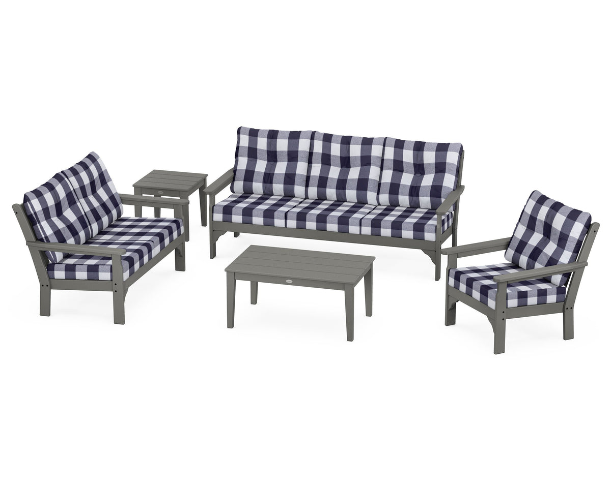 POLYWOOD Vineyard 5-Piece Deep Seating Set with Sofa in Slate Grey / Buffalo Plaid Navy