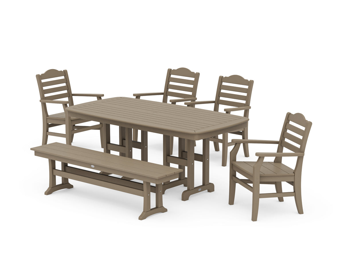 POLYWOOD Savannah 6-Piece Farmhouse Dining Set with Bench with Nautical 37" x 72" Dining Table in Vintage Sahara