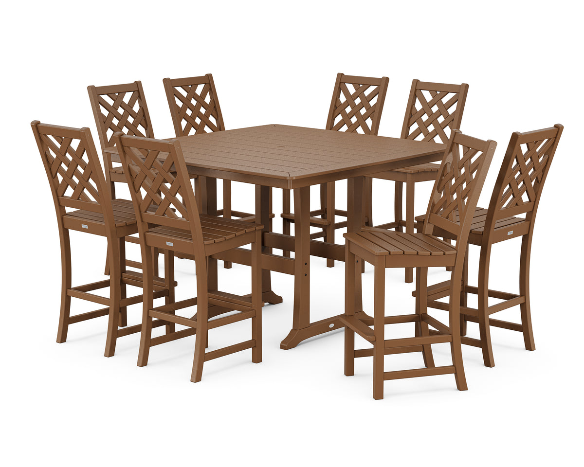 POLYWOOD Country Living Wovendale Side Chair 9-Piece Square Bar Set with Trestle Legs in Teak