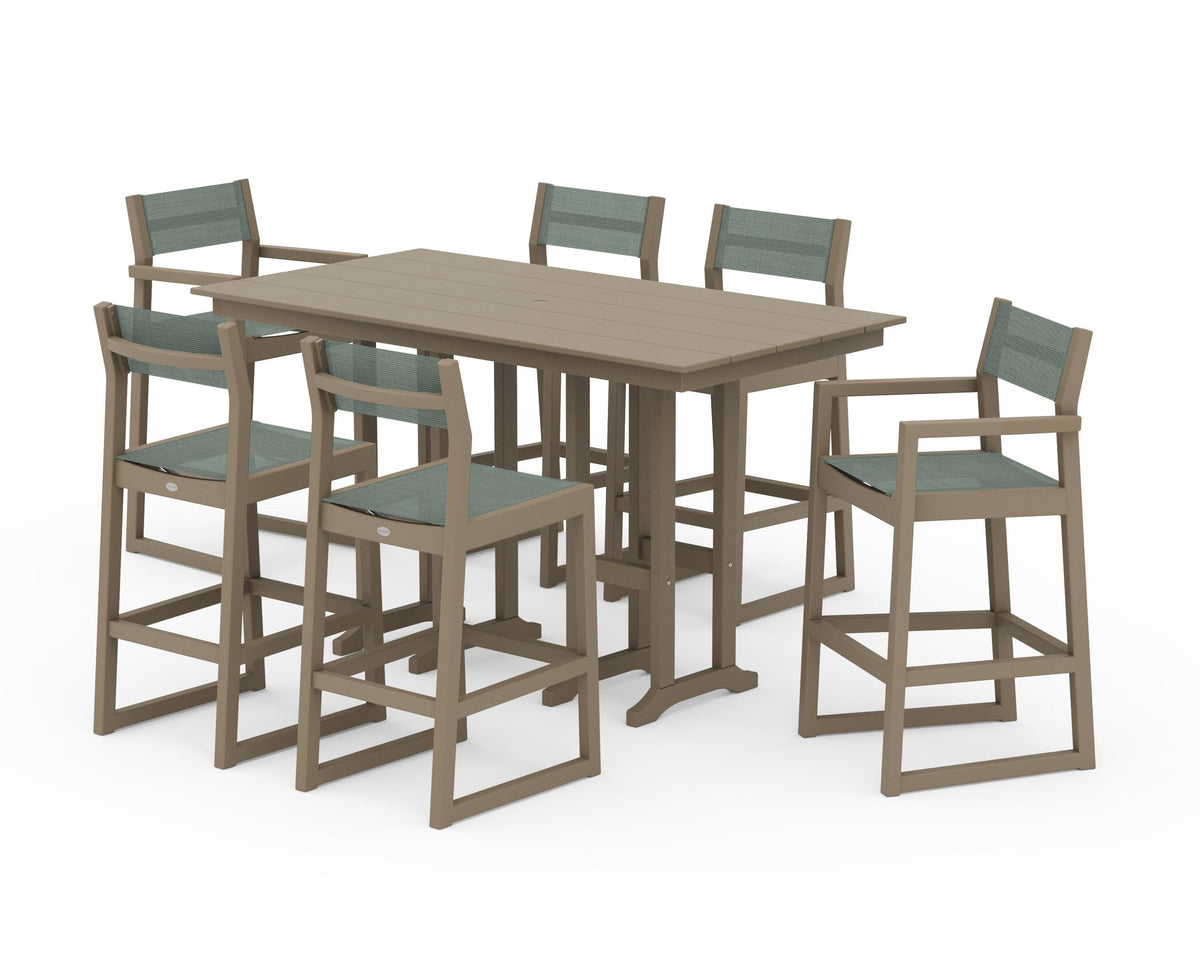 POLYWOOD EDGE Sling 7-Piece Farmhouse Bar Set in Vintage Sahara / Dupioni Sea Mist