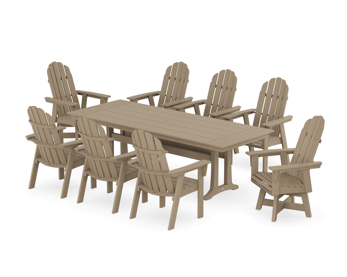 POLYWOOD Vineyard 9-Piece Curveback Adirondack Swivel Farmhouse Dining Set with Trestle Legs in Vintage Sahara