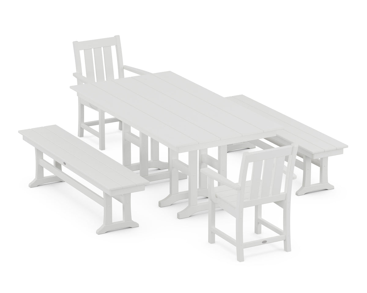 POLYWOOD Oxford 5-Piece Farmhouse Dining Set with Benches in White