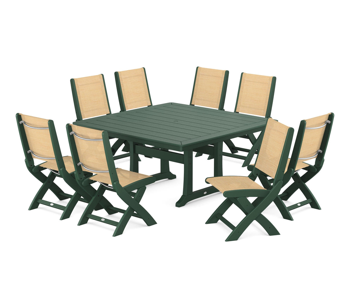 POLYWOOD Coastal Folding Side Chair 9-Piece Dining Set with Trestle Legs in Green / Dupioni Apricot