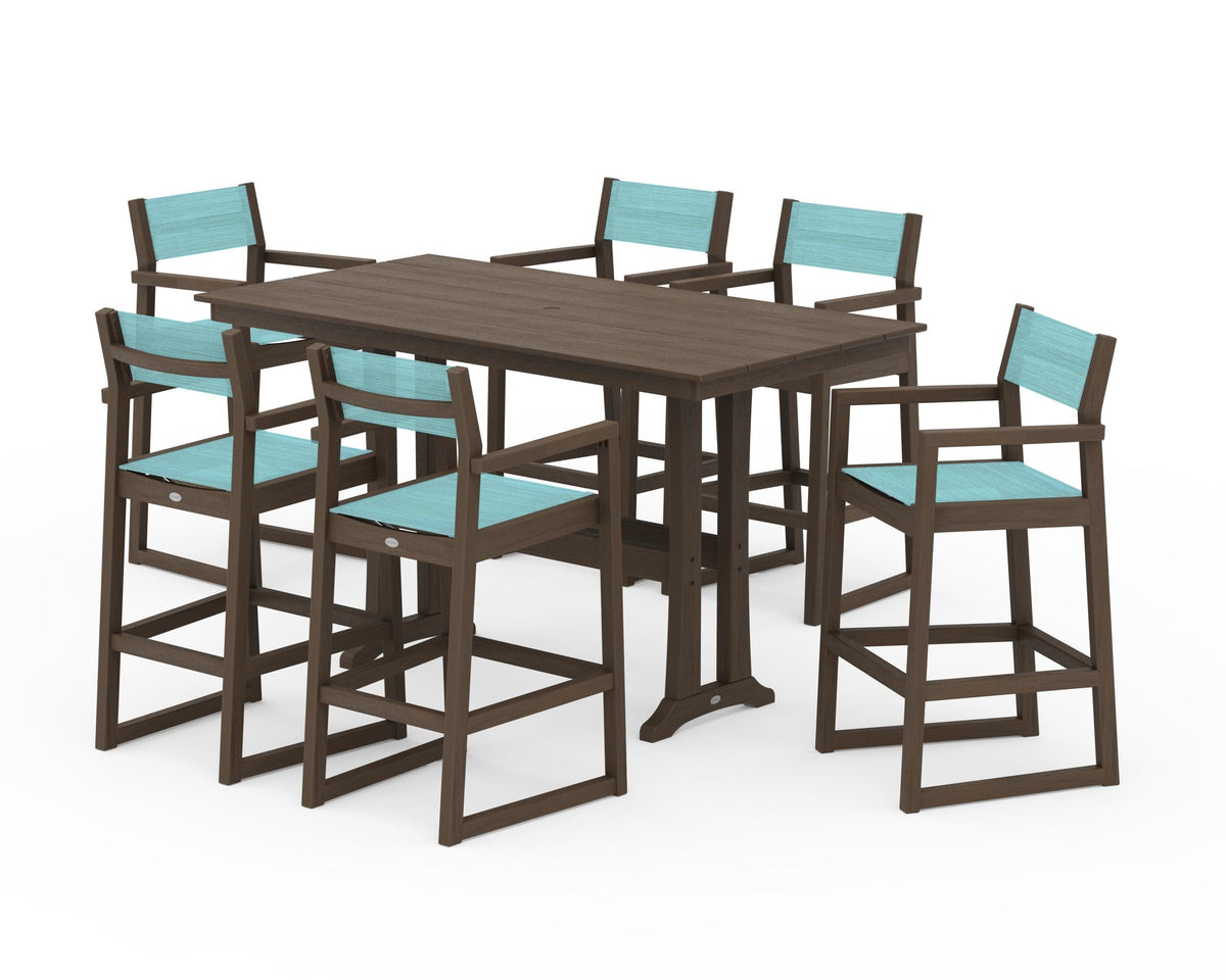 POLYWOOD EDGE Sling Arm Chair 7-Piece Farmhouse Bar Set with Trestle Legs in Kona / Dupioni Aquamarine