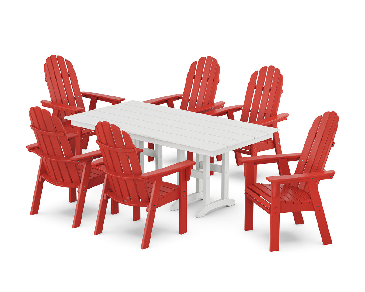 POLYWOOD Vineyard Curveback Adirondack Chair 7-Piece Farmhouse Dining Set in Sunset Red / White