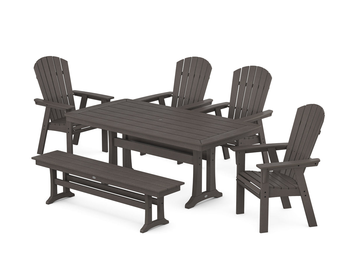 POLYWOOD Nautical Curveback Adirondack 6-Piece Dining Set with Trestle Legs and Bench in Vintage Coffee