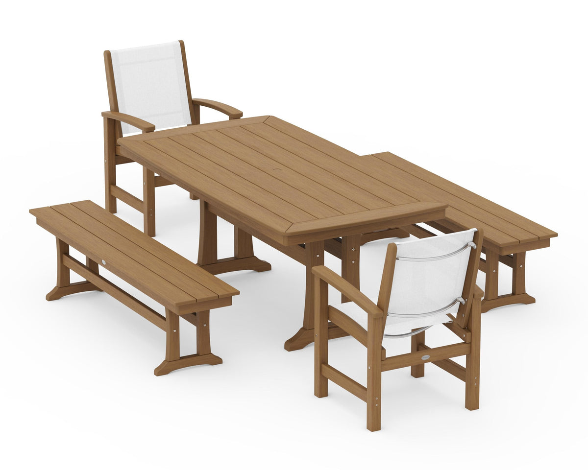 POLYWOOD Coastal 5-Piece Dining Set with Trestle Legs and Benches in Natural / White