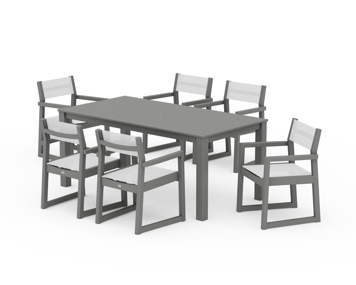 POLYWOOD EDGE Sling Arm Chair 7-Piece Parsons Dining Set in Slate Grey / White