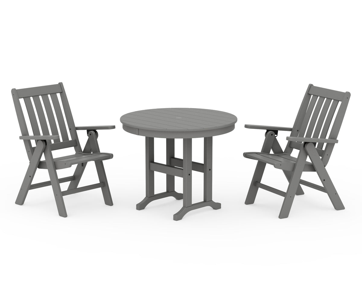 POLYWOOD Vineyard Folding Chair 3-Piece Round Dining Set in Slate Grey