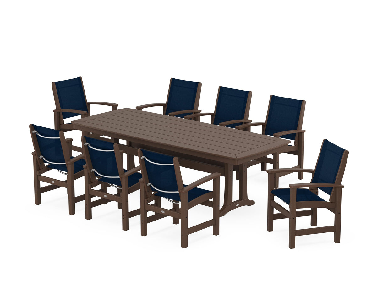 POLYWOOD Coastal 9-Piece Dining Set with Trestle Legs in Mahogany / Navy Blue