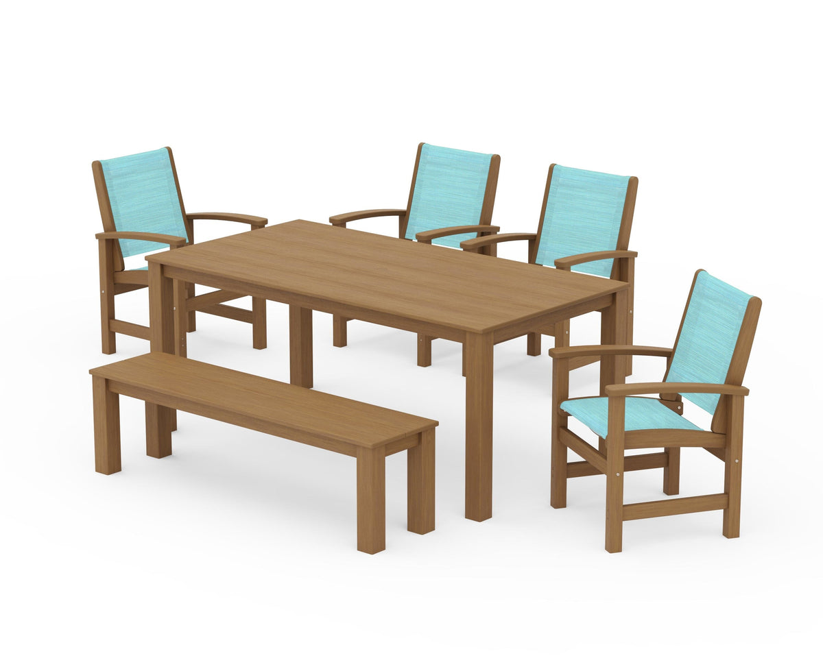 POLYWOOD Coastal 6-Piece Parsons Dining Set with Bench in Natural / Dupioni Aquamarine