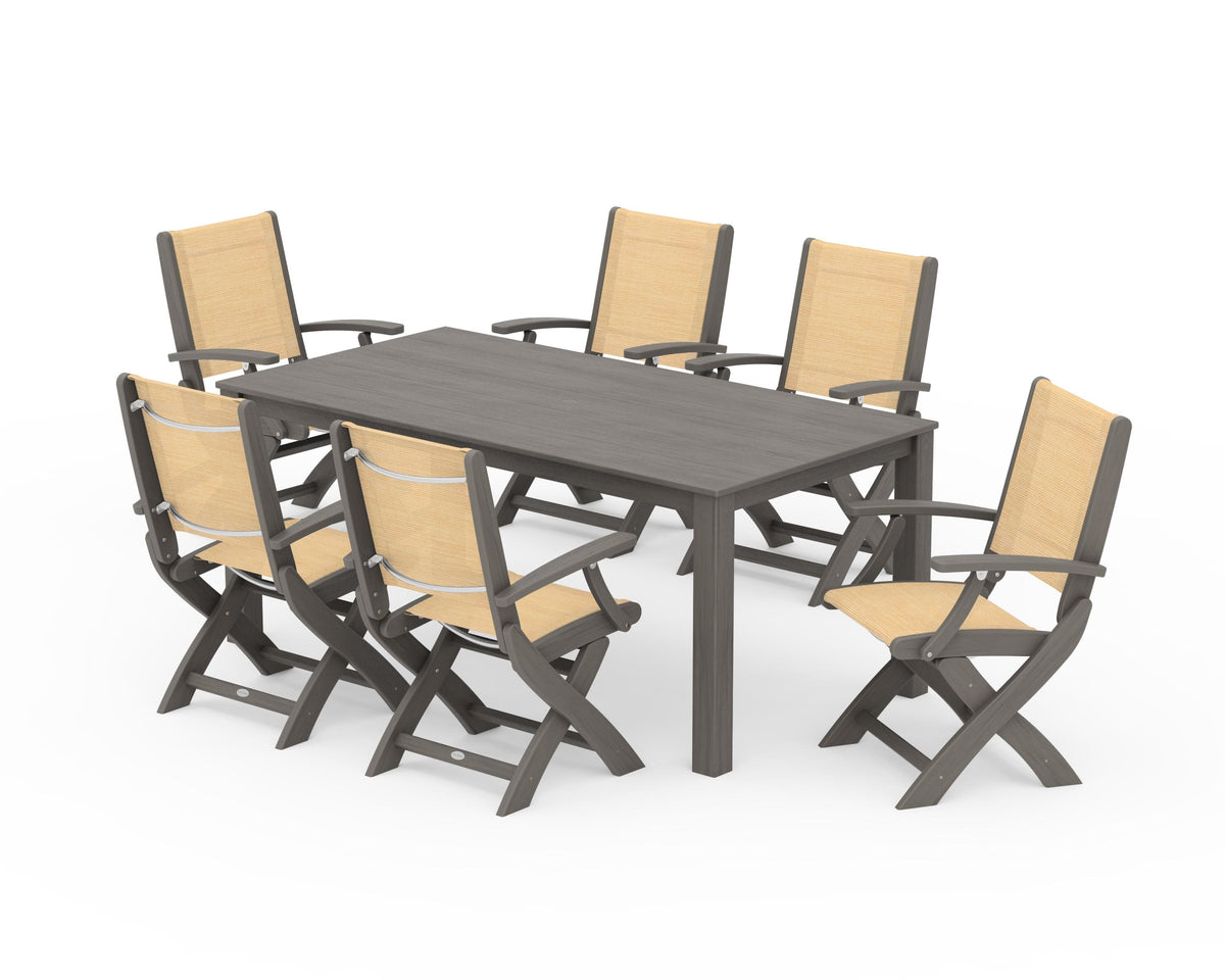POLYWOOD Coastal Folding Chair 7-Piece Parsons Dining Set in Driftwood / Dupioni Apricot