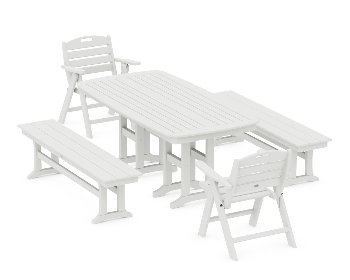 POLYWOOD Nautical Lowback 5-Piece Dining Set with Benches in Vintage White