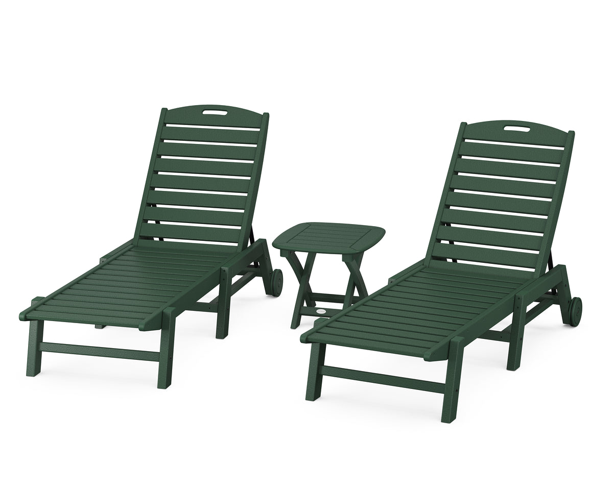 POLYWOOD Nautical 3-Piece Wheeled Chaise Set with Nautical Side Table in Green