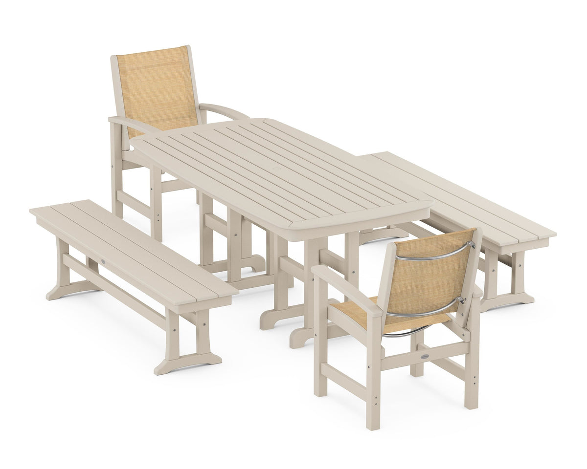 POLYWOOD Coastal 5-Piece Dining Set with Nautical 37" x 72" Dining Table in Sand / Dupioni Apricot