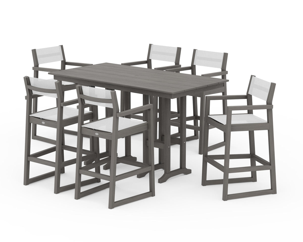 POLYWOOD EDGE Sling Arm Chair 7-Piece Farmhouse Bar Set in Driftwood / White