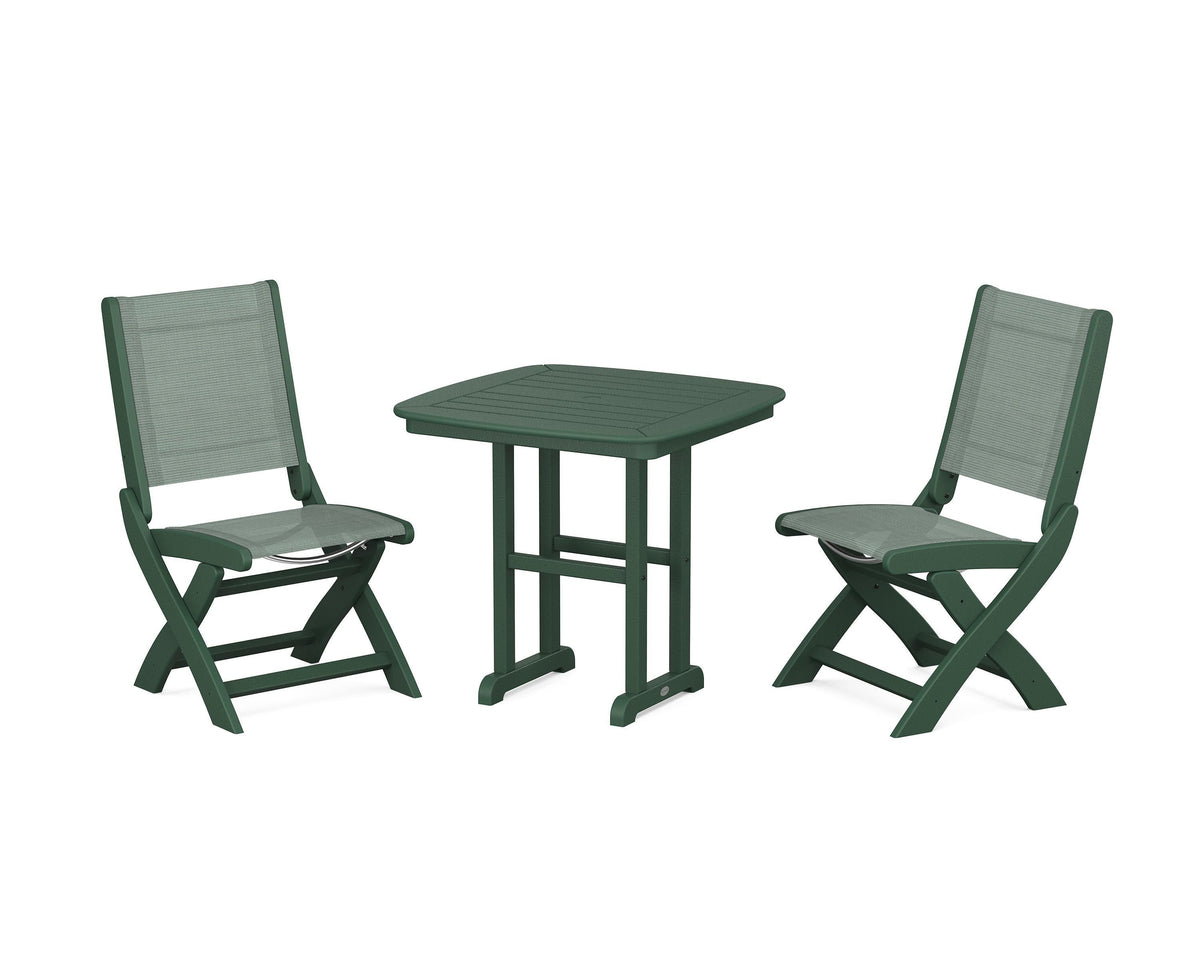 POLYWOOD Coastal Folding Side Chair 3-Piece Dining Set in Green / Dupioni Sea Mist