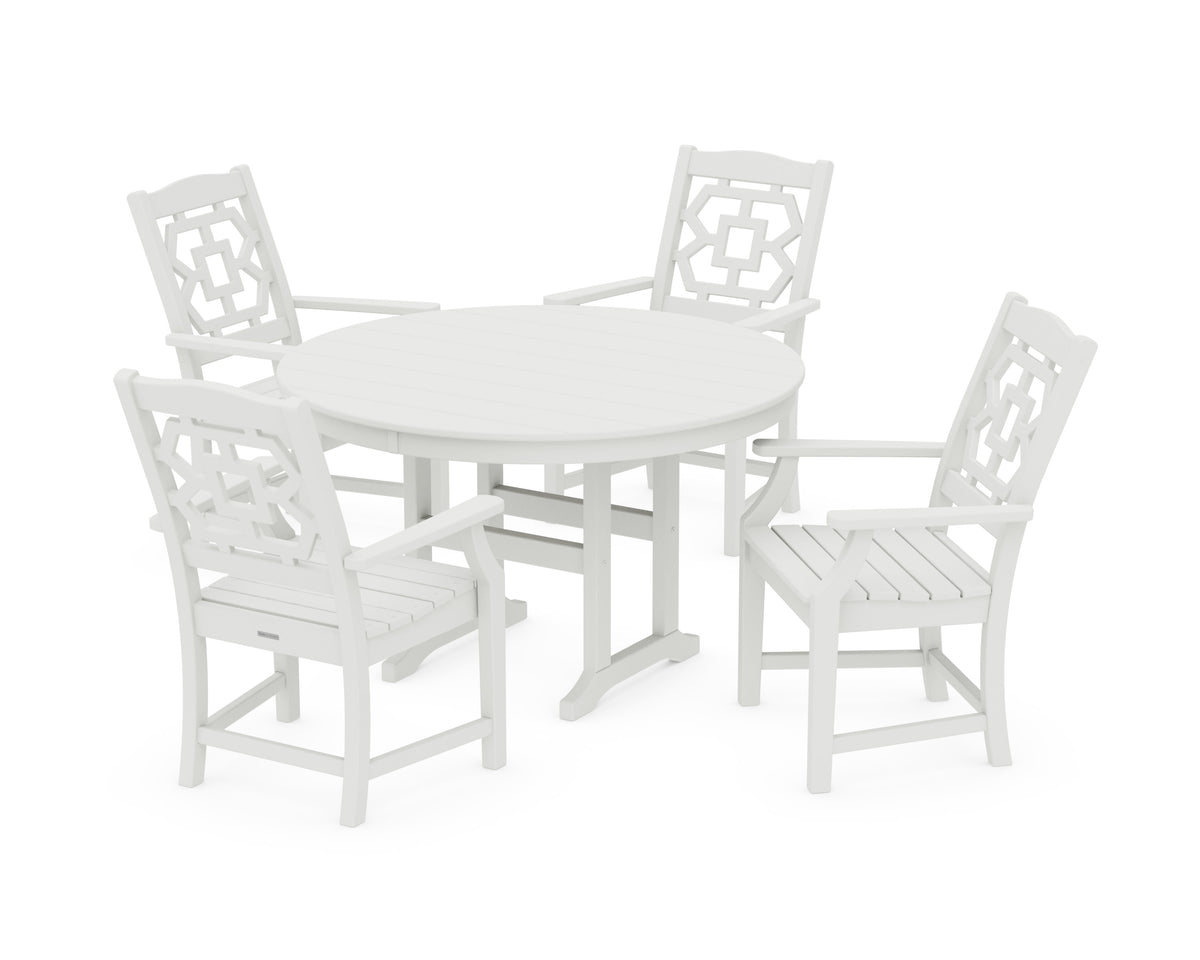 POLYWOOD Chinoiserie 5-Piece Round Farmhouse Dining Set in Vintage White