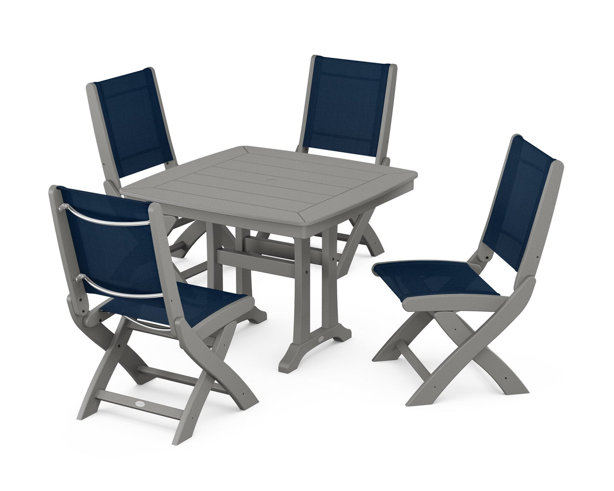 POLYWOOD Coastal Folding Side Chair 5-Piece Dining Set with Trestle Legs in Slate Grey / Navy Blue