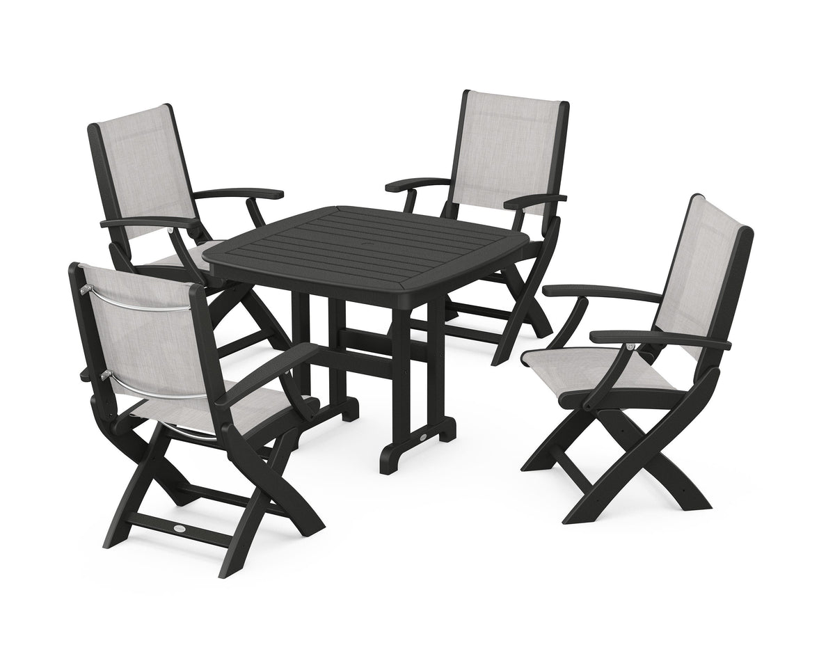 POLYWOOD Coastal Folding Chair 5-Piece Dining Set with Nautical 37" Dining Table in Black / Parchment