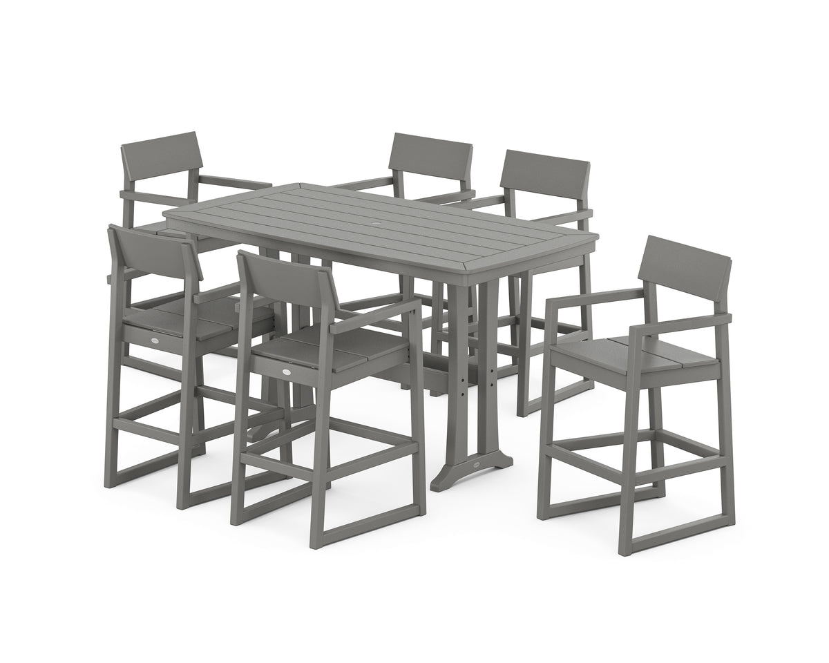POLYWOOD EDGE Arm Chair 7-Piece Bar Set with Trestle Legs in Slate Grey