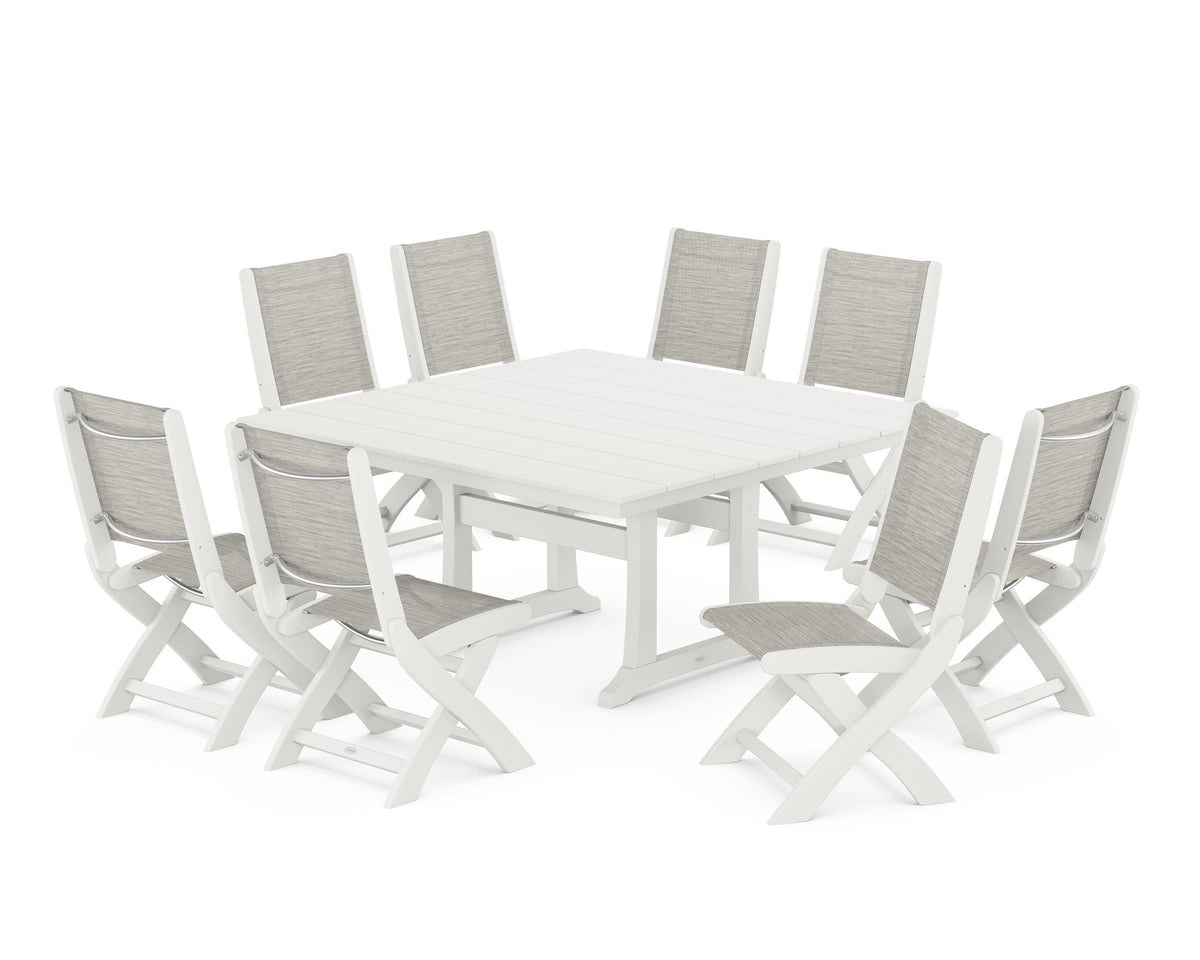 POLYWOOD Coastal Folding Side Chair 9-Piece Farmhouse Dining Set in Vintage White / Birch