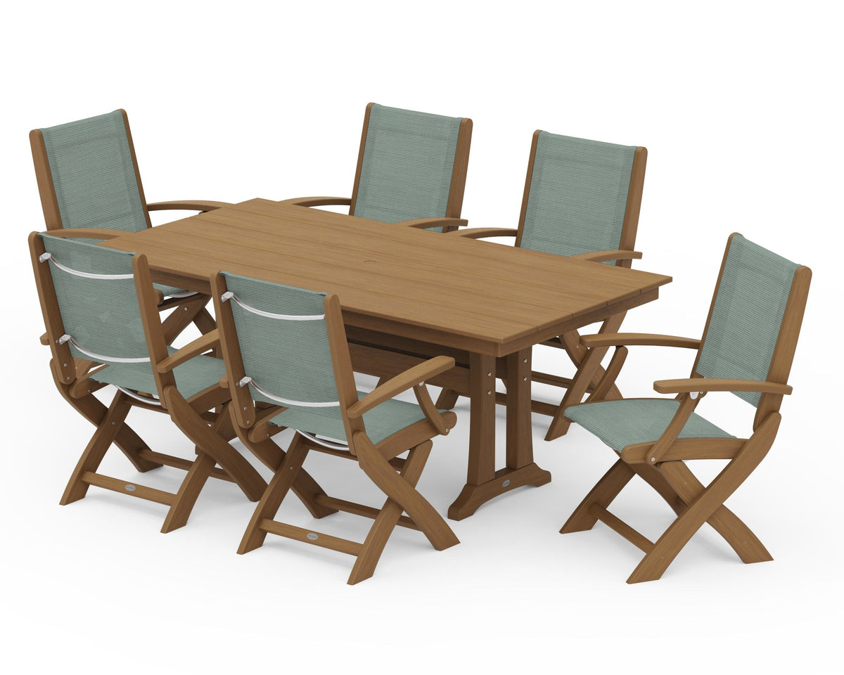POLYWOOD Coastal Folding Arm Chair 7-Piece Farmhouse Dining Set with Trestle Legs in Natural / Dupioni Sea Mist
