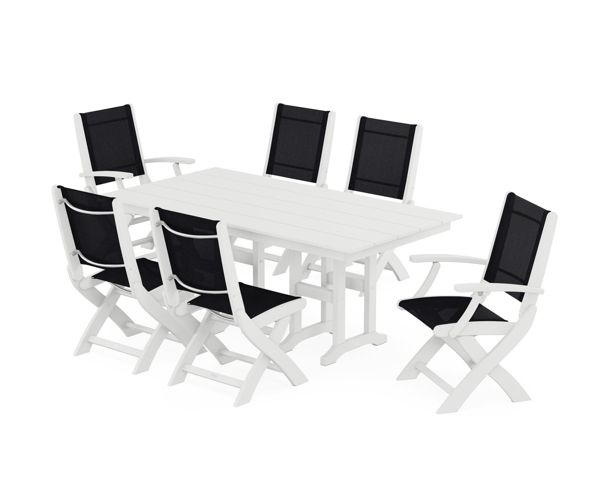 POLYWOOD Coastal Folding Chair 7-Piece Farmhouse Dining Set in White / Black