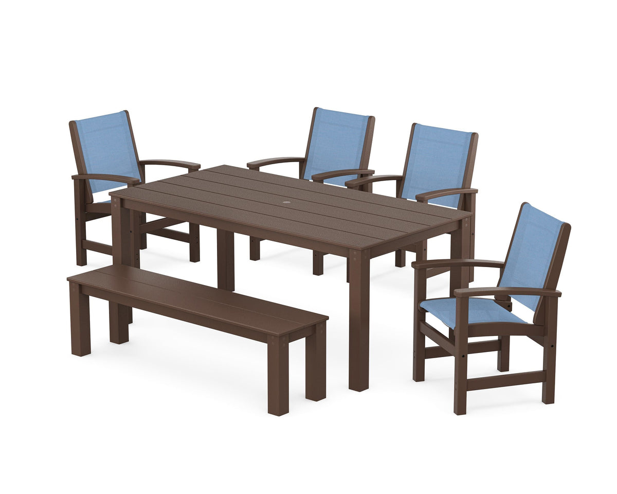 POLYWOOD Coastal 6-Piece Parsons Dining Set with Bench in Mahogany / Poolside