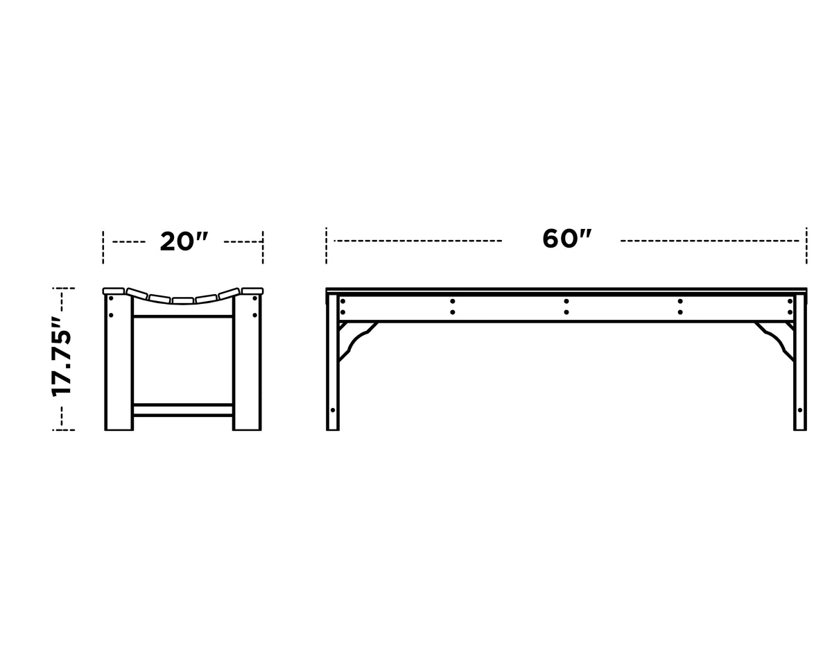 POLYWOOD Traditional Garden 60" Backless Bench dimension drawing with width, depth and height measurements