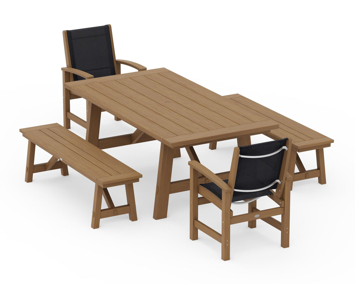 POLYWOOD Coastal 5-Piece Rustic Farmhouse Dining Set With Benches in Natural / Black