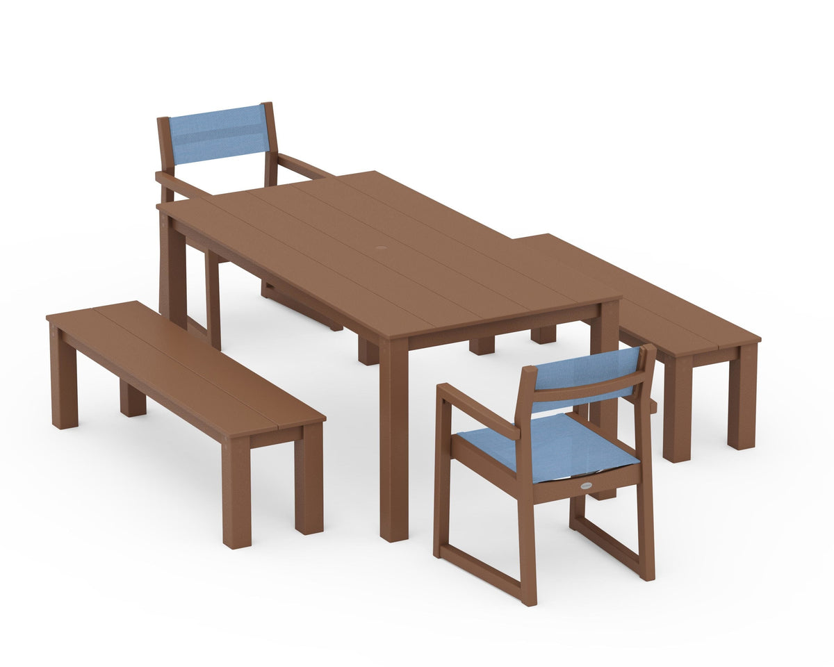 POLYWOOD EDGE Sling Arm Chair 5-Piece Parsons Dining Set with Benches in Teak / Poolside