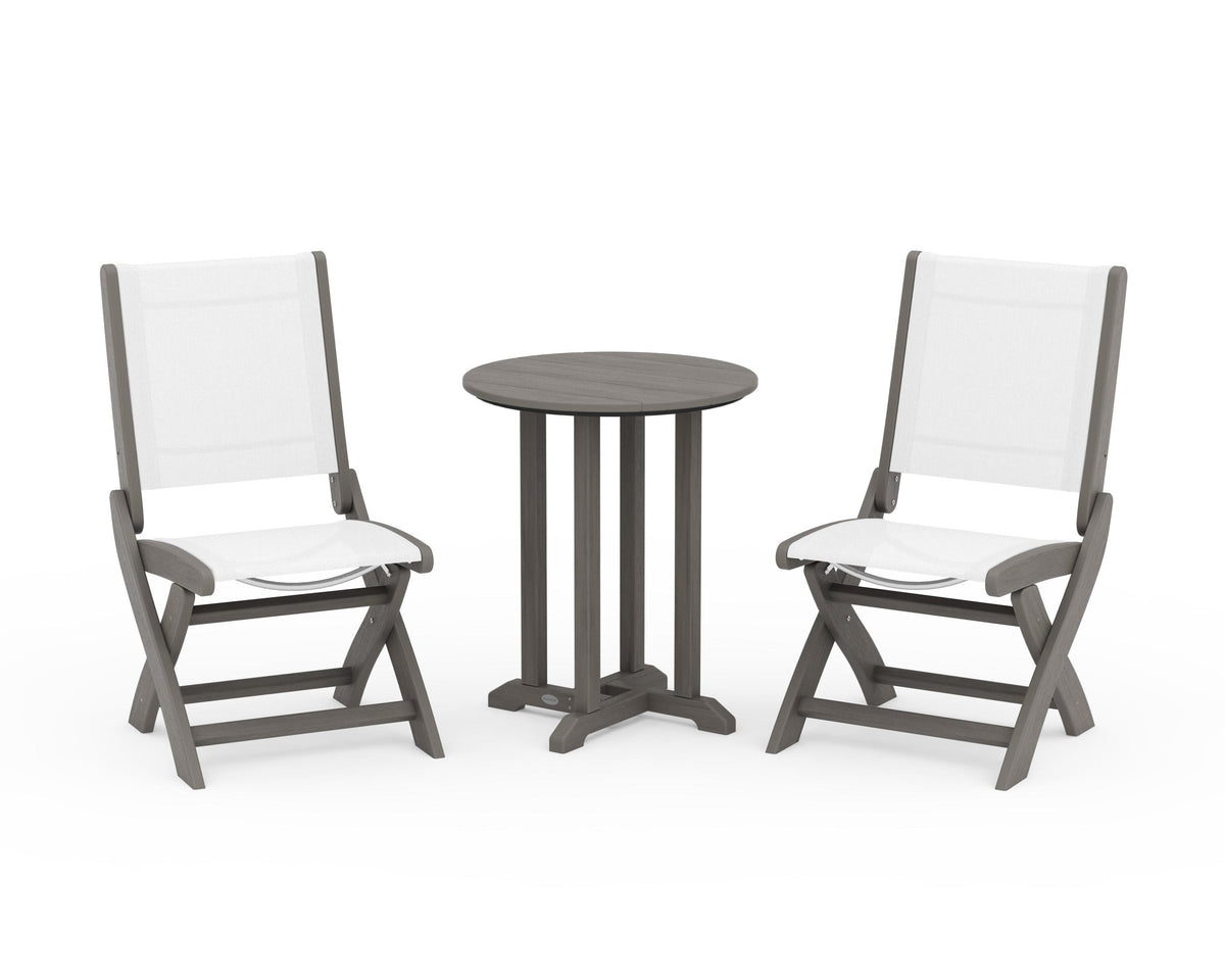 POLYWOOD Coastal Folding Side Chair 3-Piece Round Bistro Dining Set in Driftwood / White
