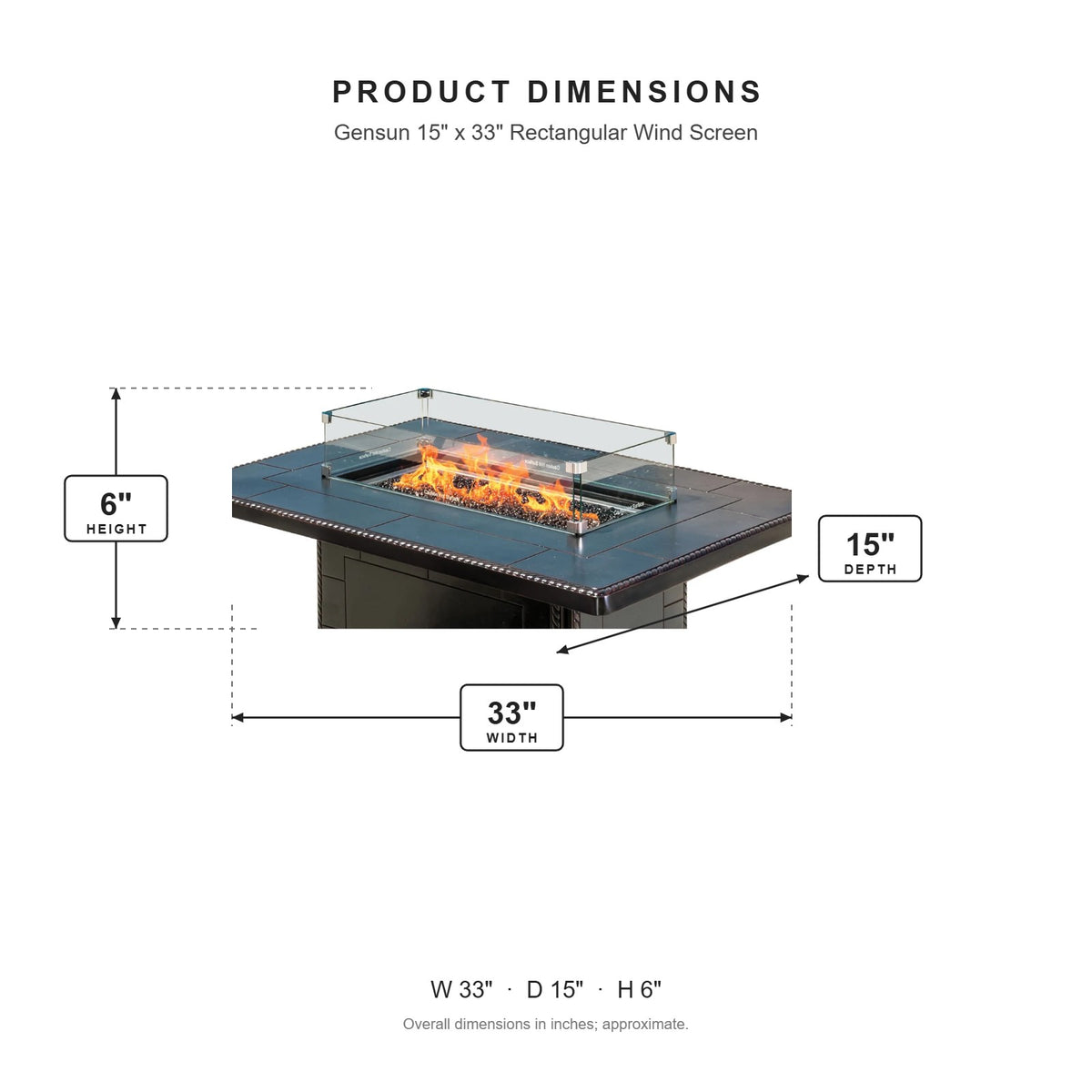 Gensun 15" x 33" Rectangular Wind Screen dimensions: 33 in W x 15 in D x 6 in H