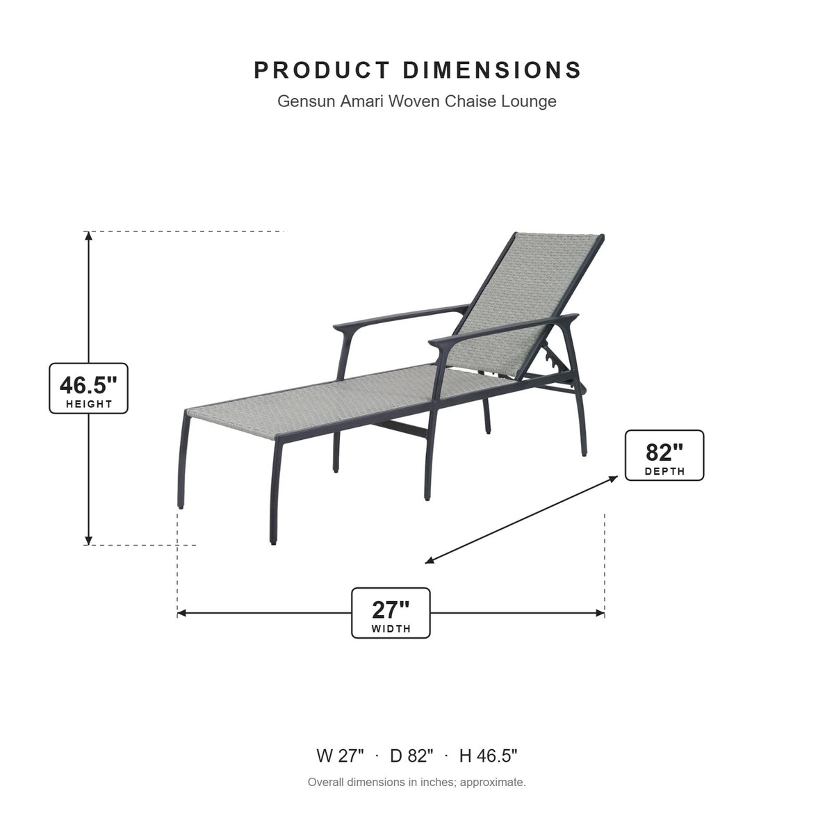 Gensun Amari Woven Chaise Lounge dimensions: 27 in W x 82 in D x 46.5 in H