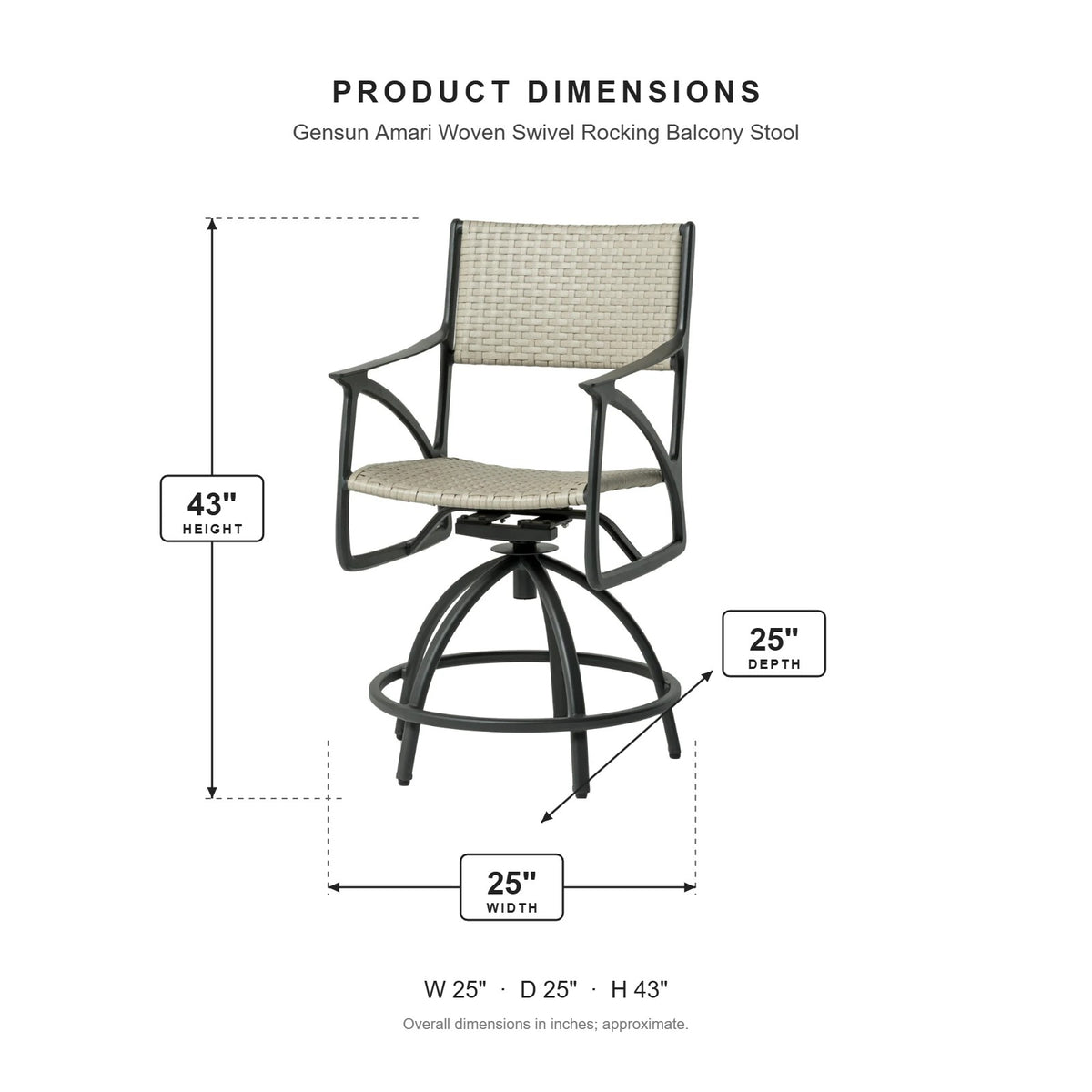 Gensun Amari Woven Swivel Rocking Balcony Stool dimensions: 25 in W x 25 in D x 43 in H