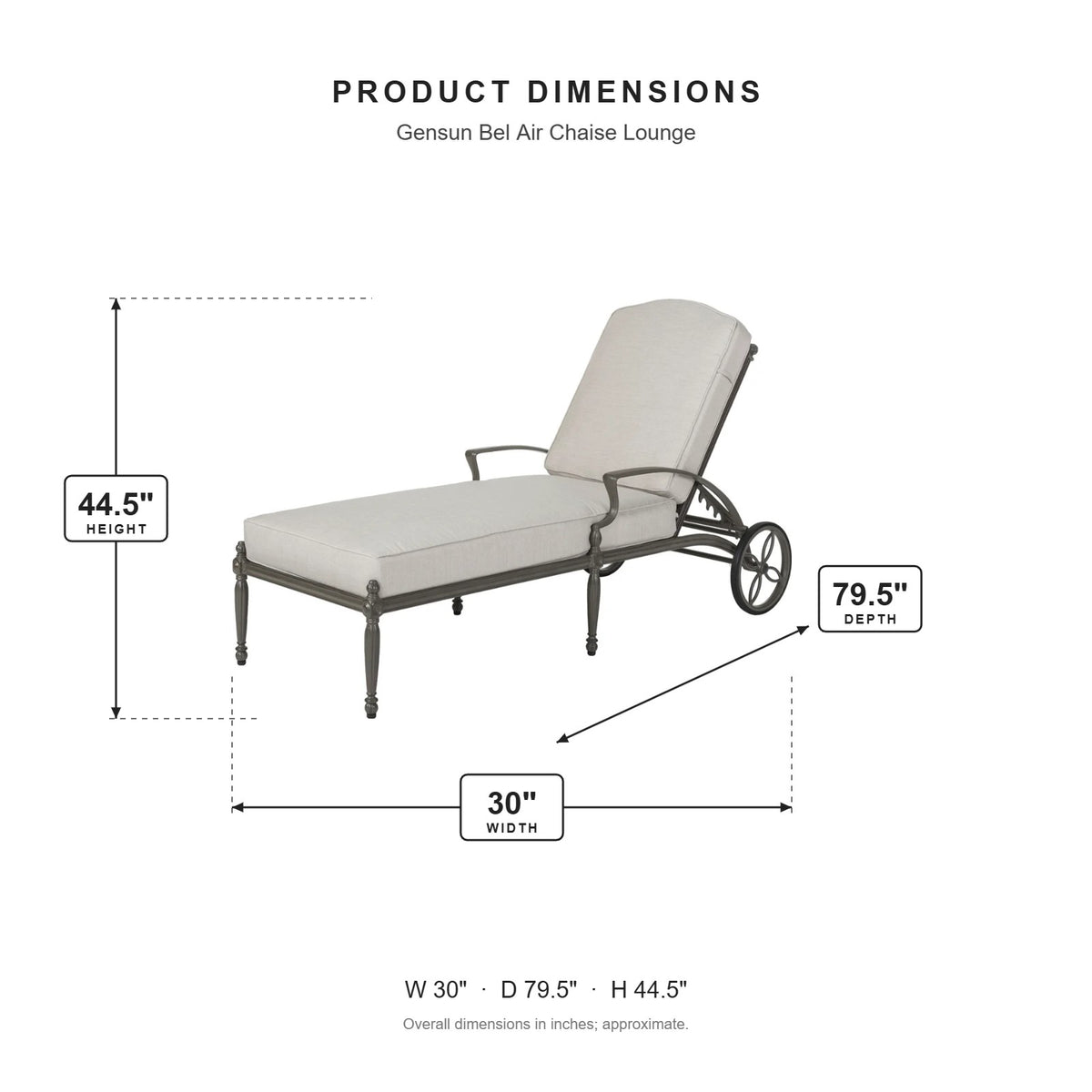Gensun Bel Air Chaise Lounge dimensions: 30 in W x 79.5 in D x 44.5 in H