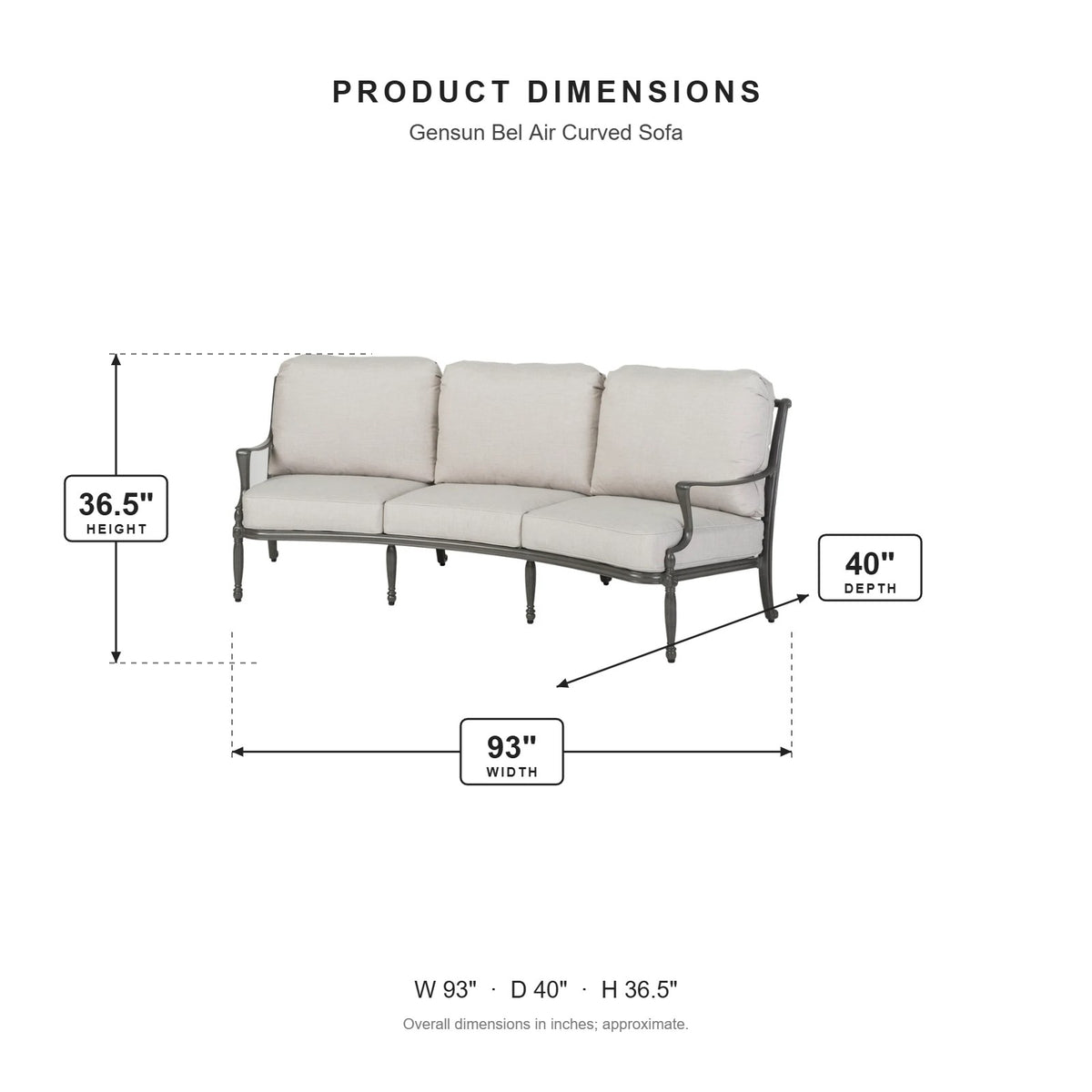 Gensun Bel Air Curved Sofa dimensions: 93 in W x 40 in D x 36.5 in H