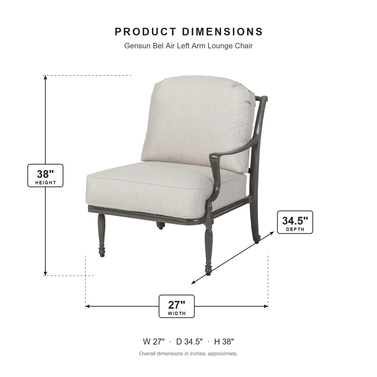 Gensun Bel Air Left Arm Lounge Chair dimensions: 27 in W x 34.5 in D x 38 in H