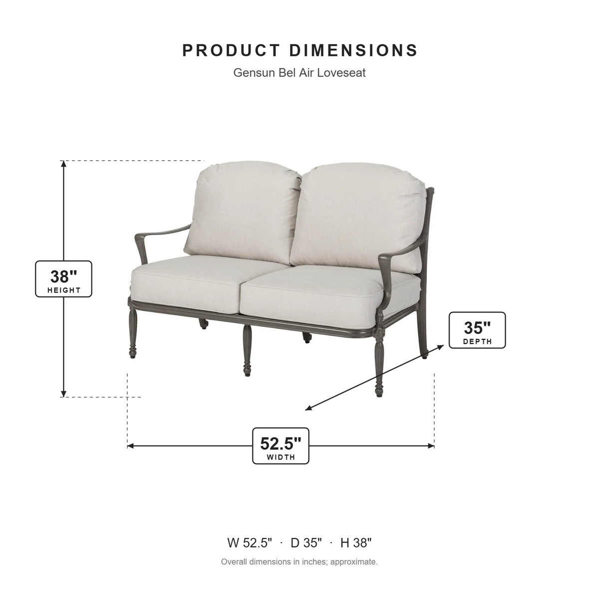 Gensun Bel Air Loveseat dimensions: 52.5 in W x 35 in D x 38 in H